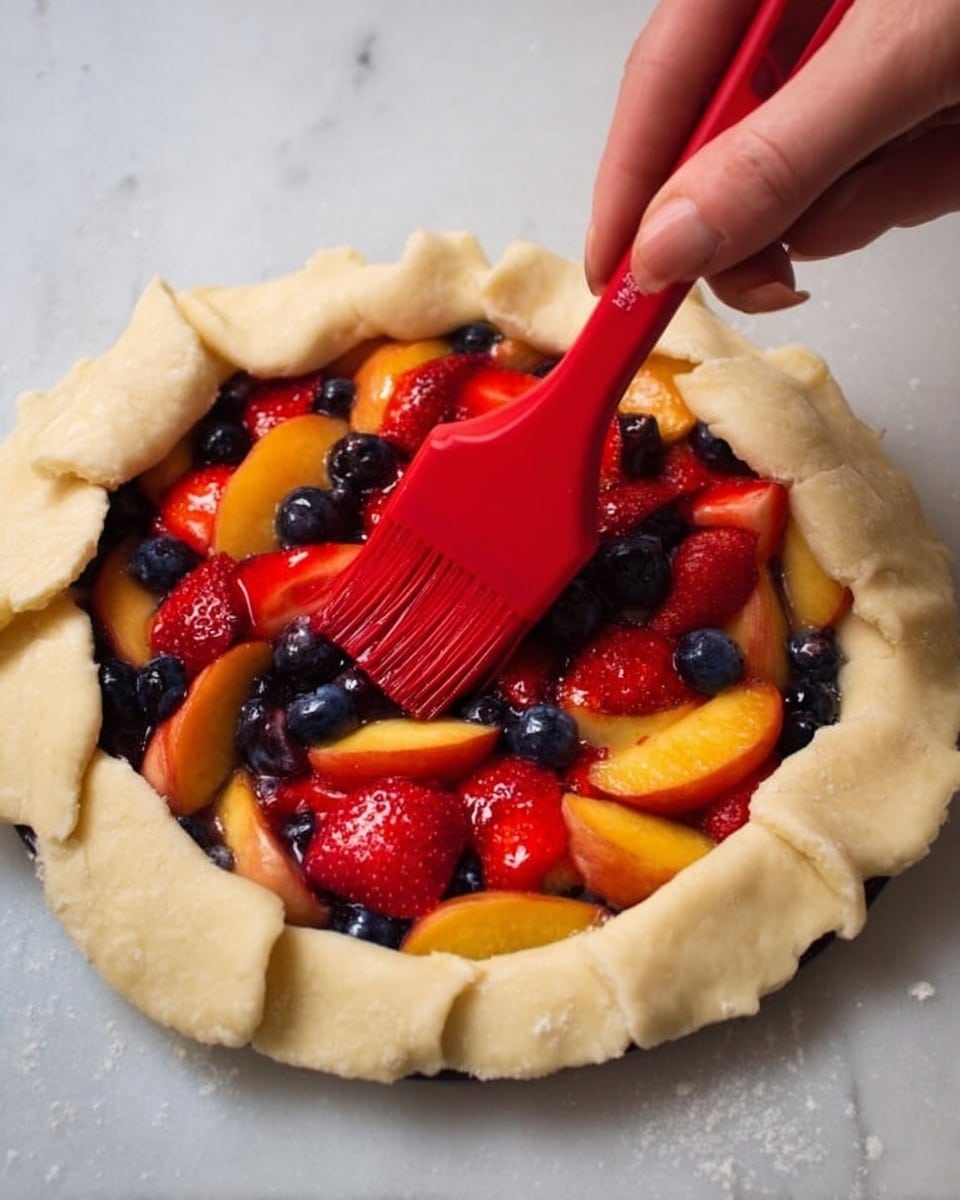 A close-up view of a round open fruit tart with a thick, light beige dough crust folded partly over the filling. The filling consists of bright red strawberries, deep blue blueberries, and orange peach slices layered loosely together, creating a colorful mix in the middle. A woman's hand holds a red brush, gently touching the crust near the edge of the tart. The tart sits on a white marbled surface. Photo taken with an iphone --ar 4:5 --v 7