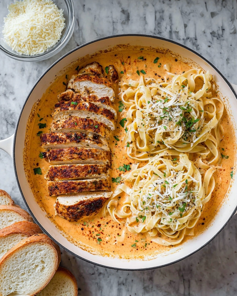 The image shows a white round pan filled with a creamy orange sauce at the base. On the left side of the pan, there is a sliced piece of browned and seasoned chicken arranged in a neat row with a golden crust. On the right side of the pan, there are two nests of light yellow fettuccine pasta sprinkled with grated white cheese and black pepper bits. Small green herb leaves are dotted on the chicken and pasta layers. Above the pan is a small clear glass bowl with white grated cheese, and beneath the pan, some slices of plain white bread rest on a white marbled surface. Photo taken with an iphone --ar 4:5 --v 7