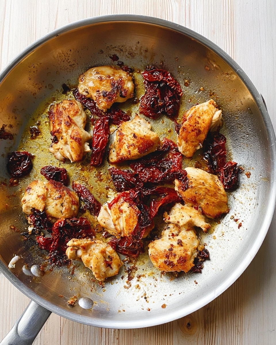 A large silver pan with a brushed texture holds around ten small golden-brown cooked chicken pieces scattered around the surface. Between the chicken pieces are dark red sun-dried tomato clusters with a slightly wrinkled texture, adding a deep contrast. The pan has some light oil residue and small browned bits around the chicken and tomatoes, showing it was used for cooking. The pan sits on a light wooden table with visible grain. photo taken with an iphone --ar 4:5 --v 7