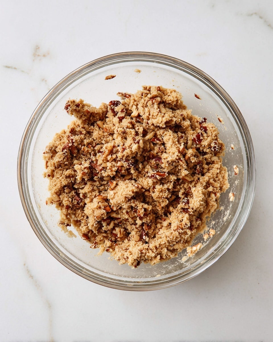 A clear glass bowl sits on a white marbled surface, filled with a crumbly mixture showing two main layers: a light brown grainy dough combined with chopped darker brown nuts scattered evenly throughout, creating a rough texture with varying sizes of chunks. The mixture is thick and slightly clumped together, with some loose bits sticking to the side of the bowl, highlighting a blend of smooth and crumbly elements. photo taken with an iphone --ar 4:5 --v 7