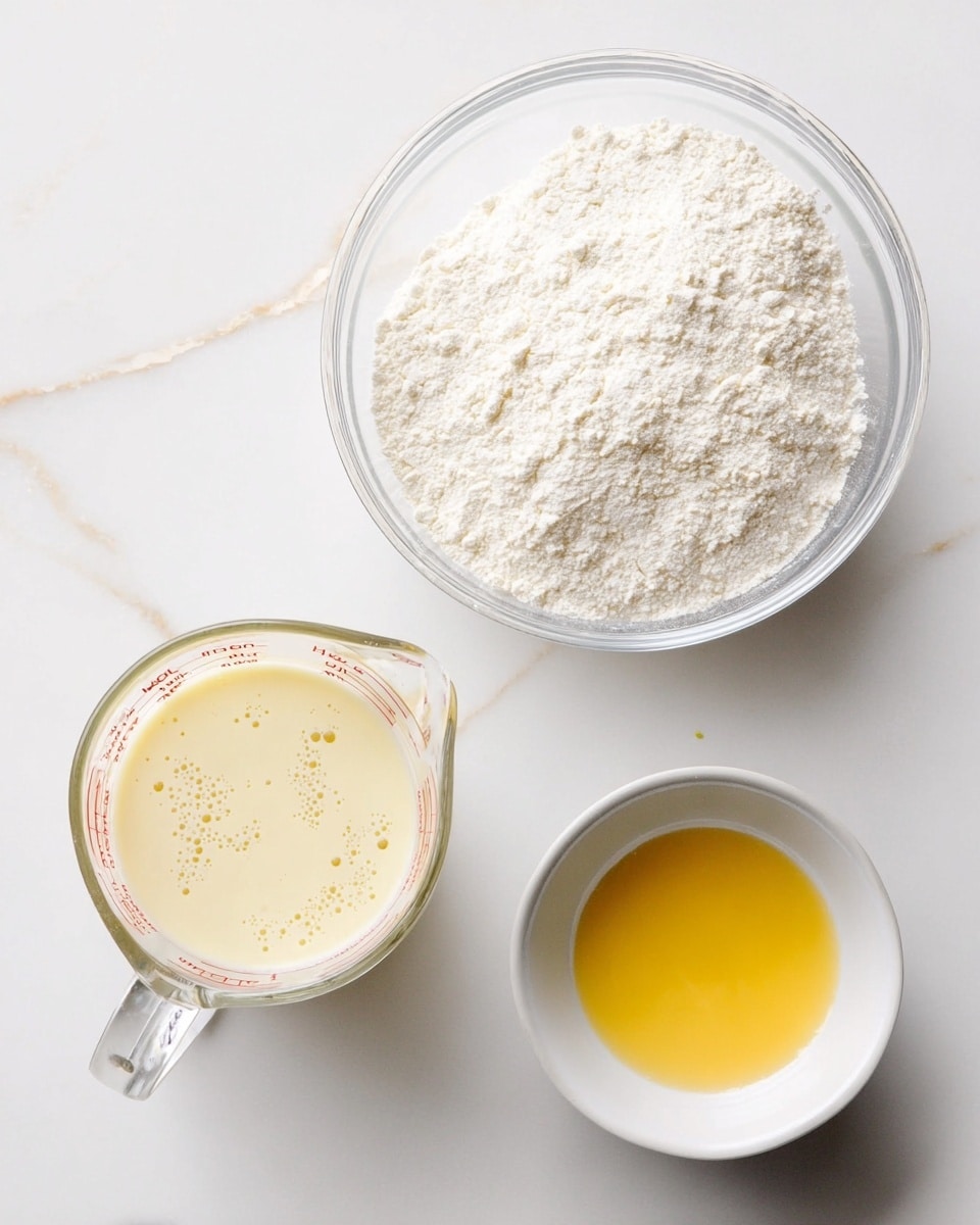 The image shows three containers with different ingredients on a white marbled surface. At the top right, there is a large clear glass bowl filled with a fine, white powdery substance, likely flour. Below it to the left, a glass measuring cup contains a creamy, light yellow liquid with small bubbles on the surface. At the bottom right, there is a small white bowl holding a golden-yellow melted liquid, possibly butter. The arrangement is simple, clean, and well-lit, highlighting the textures of each ingredient. Photo taken with an iphone --ar 4:5 --v 7