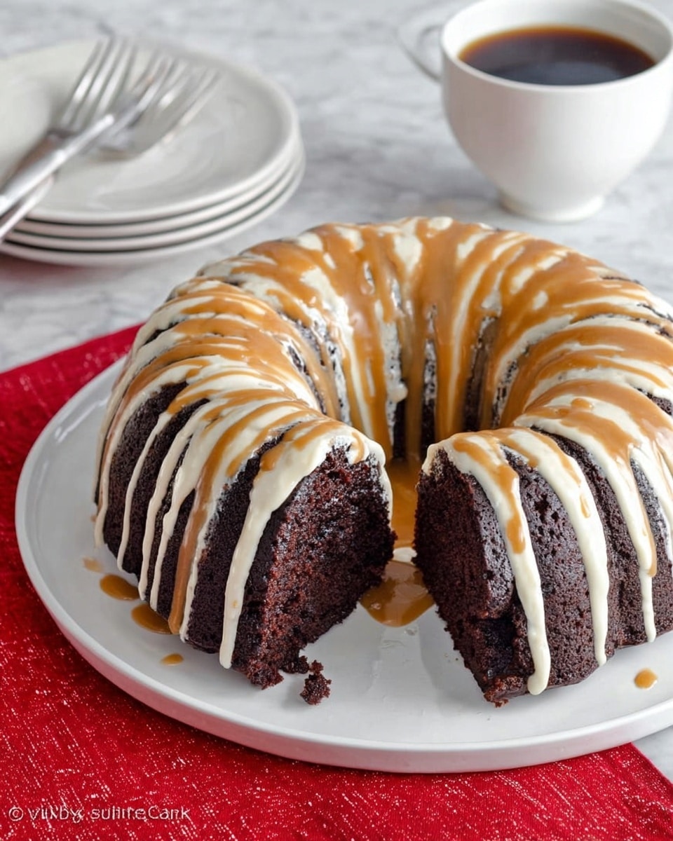 A dark chocolate bundt cake is displayed on a white plate, showing its dense and moist texture with a slice taken out to reveal the inside. The cake is topped with two layers of drizzle; the first is a smooth caramel sauce in a light brown color, and the second is a creamy white icing, both dripping down the ridged sides evenly. The plate sits on a white marbled surface with a red cloth partly underneath it. In the background, there is a small stack of white plates with a fork on top and a white cup filled with black coffee. photo taken with an iphone --ar 4:5 --v 7