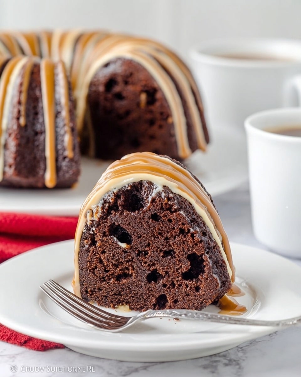 A thick slice of chocolate bundt cake sits on a white plate with a silver fork resting at the base. The cake is dark brown with a moist, dense texture featuring small holes and swirls inside. The top is decorated with two smooth drizzle layers: one light cream color and another caramel shade, flowing down the rounded edges. In the background, the whole bundt cake on a white plate is visible, with the same drizzle topping. The scene is set on a white marbled surface with a blurred white cup nearby. photo taken with an iphone --ar 4:5 --v 7