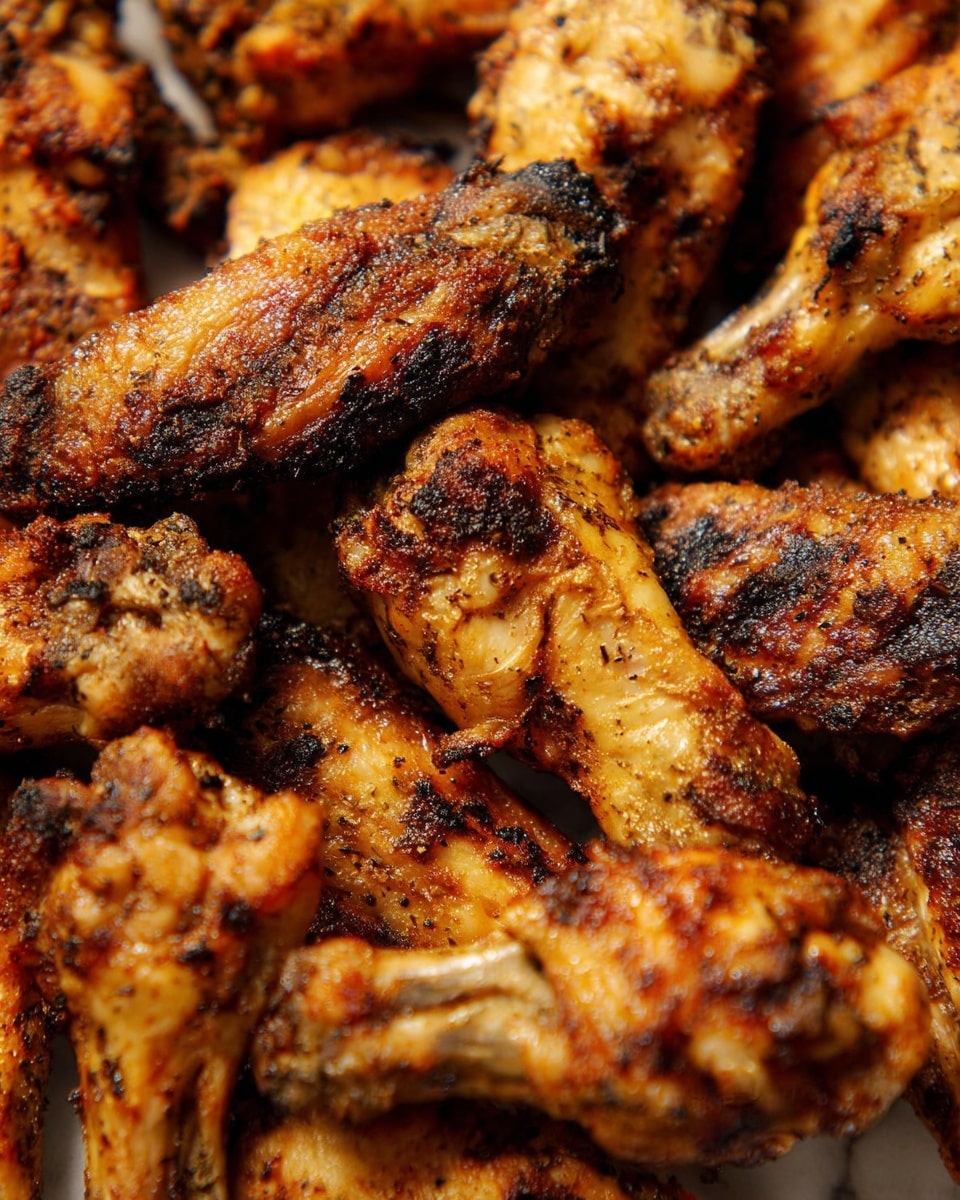 The image shows several pieces of grilled chicken wings piled up close together, each wing golden brown with dark grill marks and slightly charred edges. The texture is crispy and rough, showing the spices and cooking marks on the skin. The wings vary in size and shape but are all cooked evenly, going from lighter golden to darker brown with some blackened burnt spots scattered across the surface. The background is a close-up that fills the frame with just the wings, highlighting their color and texture against a subtle white marbled texture. photo taken with an iphone --ar 4:5 --v 7