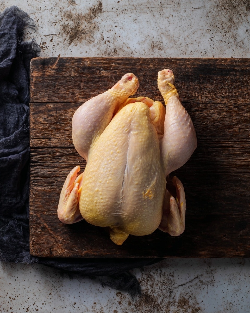 A whole raw chicken lies flat on its back on a dark wooden cutting board, showing its pale beige skin with slight yellow tones and a few small feathers still attached. The chicken’s legs and wings are tucked close to its body, and its skin texture is dimpled and slightly shiny. The wooden board beneath has many deep knife marks and a rustic feel, with the scene set on a white marbled textured surface with a dark cloth partially visible to the left. Photo taken with an iphone --ar 4:5 --v 7