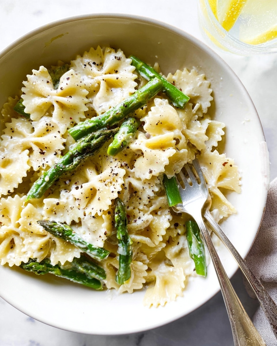 A close-up view of a bowl of pasta with three main visible layers: at the bottom, a creamy white sauce covering the base; on top of the sauce are pale yellow farfalle pasta pieces with smooth, slightly shiny texture and black pepper sprinkled over them; interspersed among the pasta are bright green, thick asparagus stalks cut into short segments with a firm texture. A silver fork rests in the bowl, holding some pasta and asparagus, positioned from the bottom right corner going towards the center. The bowl is plain white and the setting includes a white marbled surface underneath with a small part of a lemon water glass in the top right corner. Photo taken with an iphone --ar 4:5 --v 7
