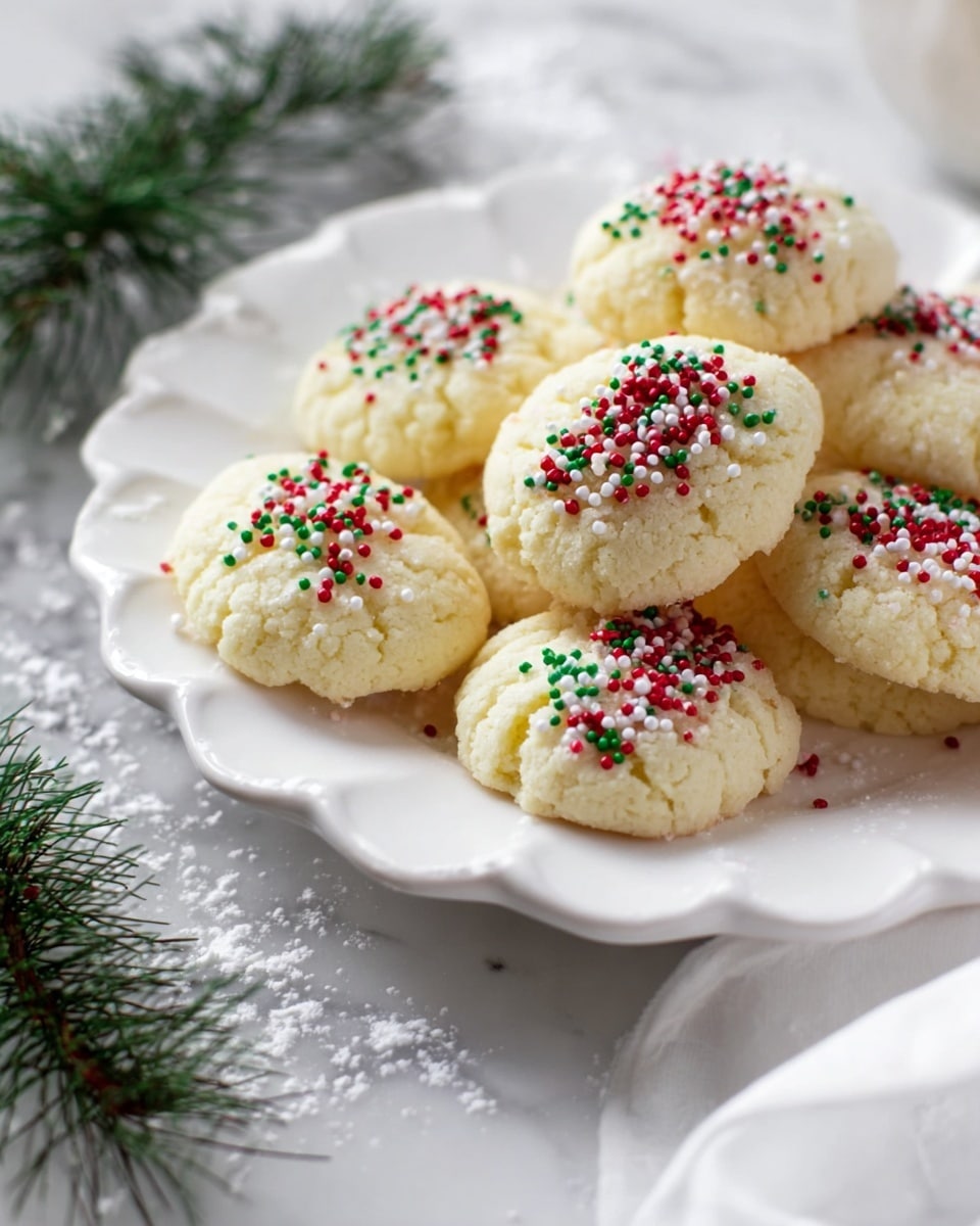 A white scalloped plate holds a pile of soft, pale yellow cookies, each one topped on one side with tiny round sprinkles in red, white, and green colors, forming a festive cluster. The cookies have a slightly bumpy, light texture and sit closely together in the center of the plate. The plate rests on a white marbled surface sprinkled with a light dusting of powdered sugar. To the left of the plate, there is a small green pine branch adding a touch of holiday feel, and a white folded napkin is partly visible in the bottom right corner. Photo taken with an iphone --ar 4:5 --v 7