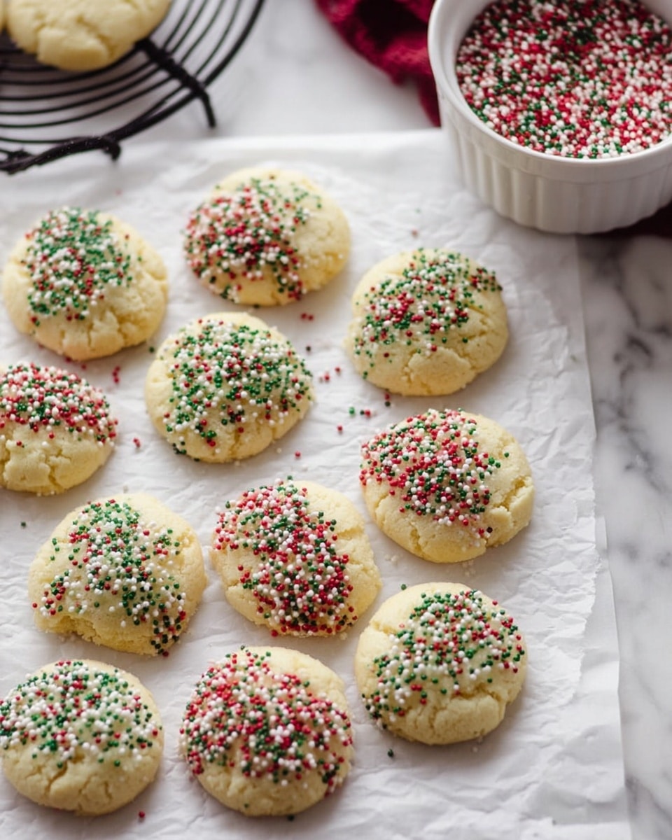 There are ten round cookies on a sheet of white parchment paper on a white marbled surface. Each cookie is pale yellow with a soft texture, and half of the top of each cookie is covered in red, green, and white round sprinkles, adding a festive look. In the upper right corner, there is a white bowl filled with the same colored sprinkles. Part of a black wire cooling rack is visible in the upper left background. The photo taken with an iphone --ar 4:5 --v 7