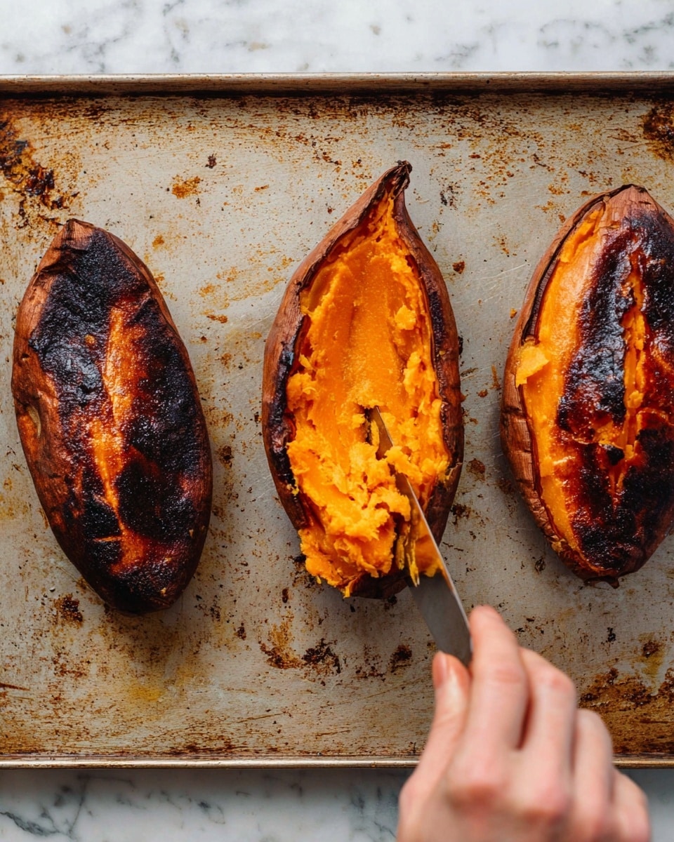 The image shows three roasted sweet potato halves placed side by side on a well-used metal baking sheet with some brown spots and crumbs. The sweet potatoes have dark, almost blackened skins with bright orange flesh inside. The middle sweet potato is being mashed or fluffed by a person's woman's hand holding a knife, revealing a soft and slightly chunky orange texture inside. The other two sweet potatoes remain whole with slightly charred surfaces. The background features a white marbled texture. photo taken with an iphone --ar 4:5 --v 7