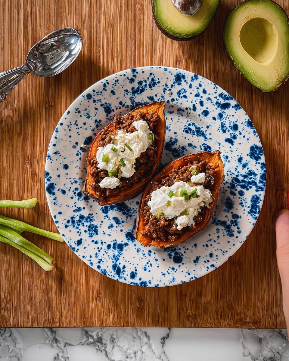 The image shows two oval-shaped roasted sweet potato halves placed side by side on a white plate with blue splatter patterns. Each sweet potato half has three visible layers: the bottom layer is the orange roasted sweet potato with a slightly crisp brown edge, the middle layer is a topping of cooked ground meat with a crumbly texture and brown color, and the top layer is a dollop of white creamy cheese. The plate rests on a wooden surface with a white marbled texture. To the left of the plate is a metal spoon with green garnish and a green onion, and to the right are a sliced avocado and an avocado half. A woman's hand is near the avocado. photo taken with an iphone --ar 4:5 --v 7