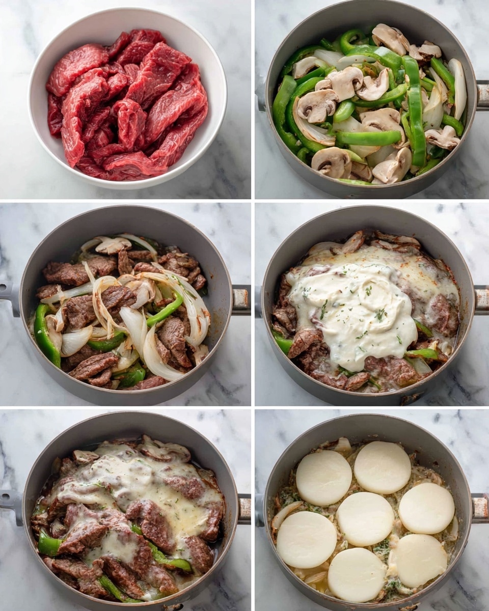 The image shows six steps of cooking a dish in a grey pan on a white marbled surface. The first part has a white bowl filled with raw red beef strips. The second part shows green bell pepper slices, light tan mushrooms, and white sliced onions cooking in the pan. The third part shows the beef strips browned and cooked in the pan. The fourth part has the cooked beef mixed with the vegetables again, topped with a dollop of white creamy sauce. The fifth part shows four round white cheese slices laid over the mixture evenly in the pan. The final part shows the dish melted with the cheese on top, making a creamy light layer over the beef and vegetables. photo taken with an iphone --ar 4:5 --v 7