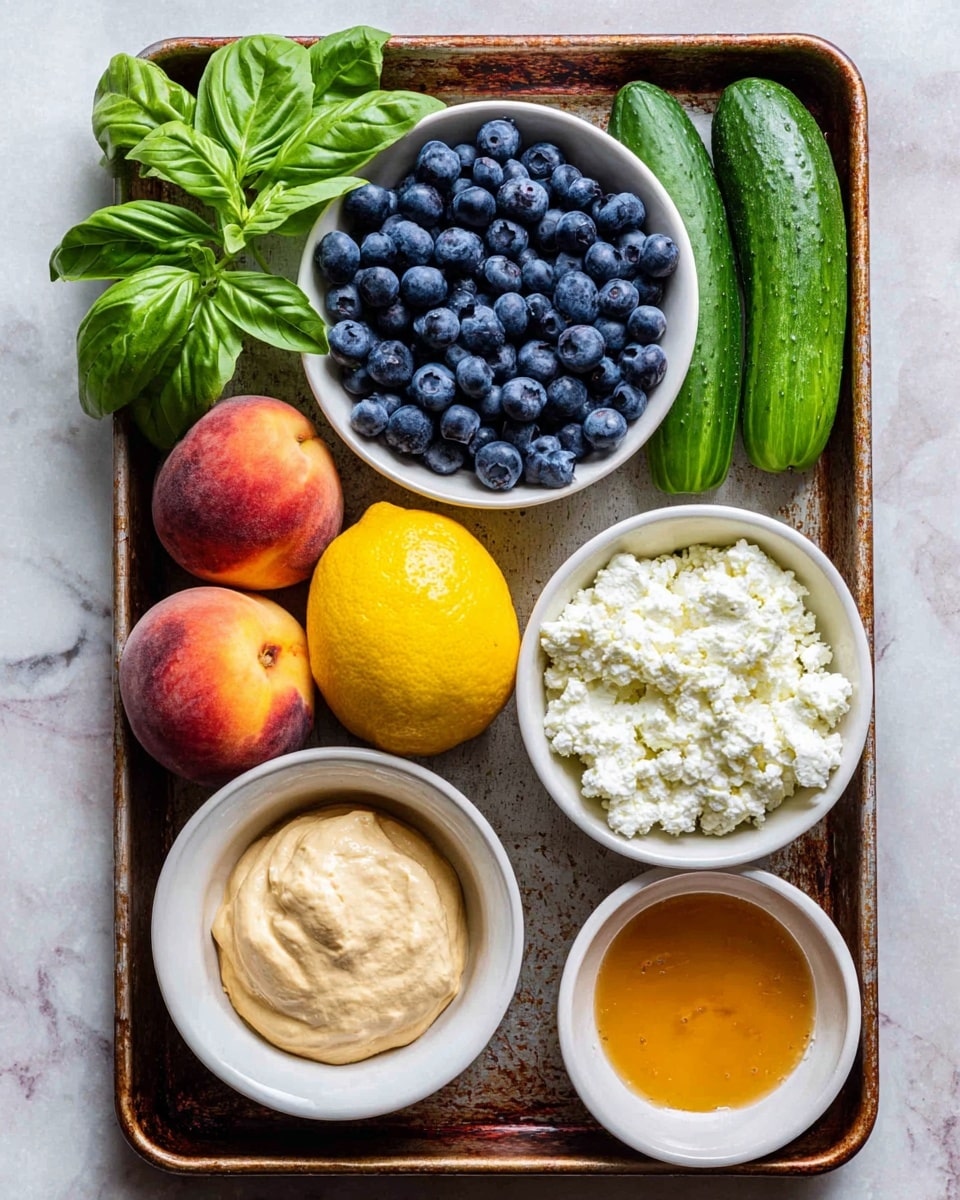 A rusted baking tray holds six white bowls and fresh ingredients arranged neatly on a white marbled surface. On the top left, a white bowl is filled with fresh blueberries, showing their round shapes and deep blue color. Next to it are two whole cucumbers, dark green with textured skin, beside two fuzzy peaches showing reds, oranges, and yellows. Below the fruit, a bright yellow lemon sits on the tray. In the center is a white bowl filled with crumbly white cottage cheese. On the bottom left, a white bowl contains a thick, light brown dollop of mustard. On the bottom right, another white bowl holds golden honey with a smooth surface. A fresh bunch of green basil leaves rests on the tray to the left of the cottage cheese. Photo taken with an iphone --ar 4:5 --v 7