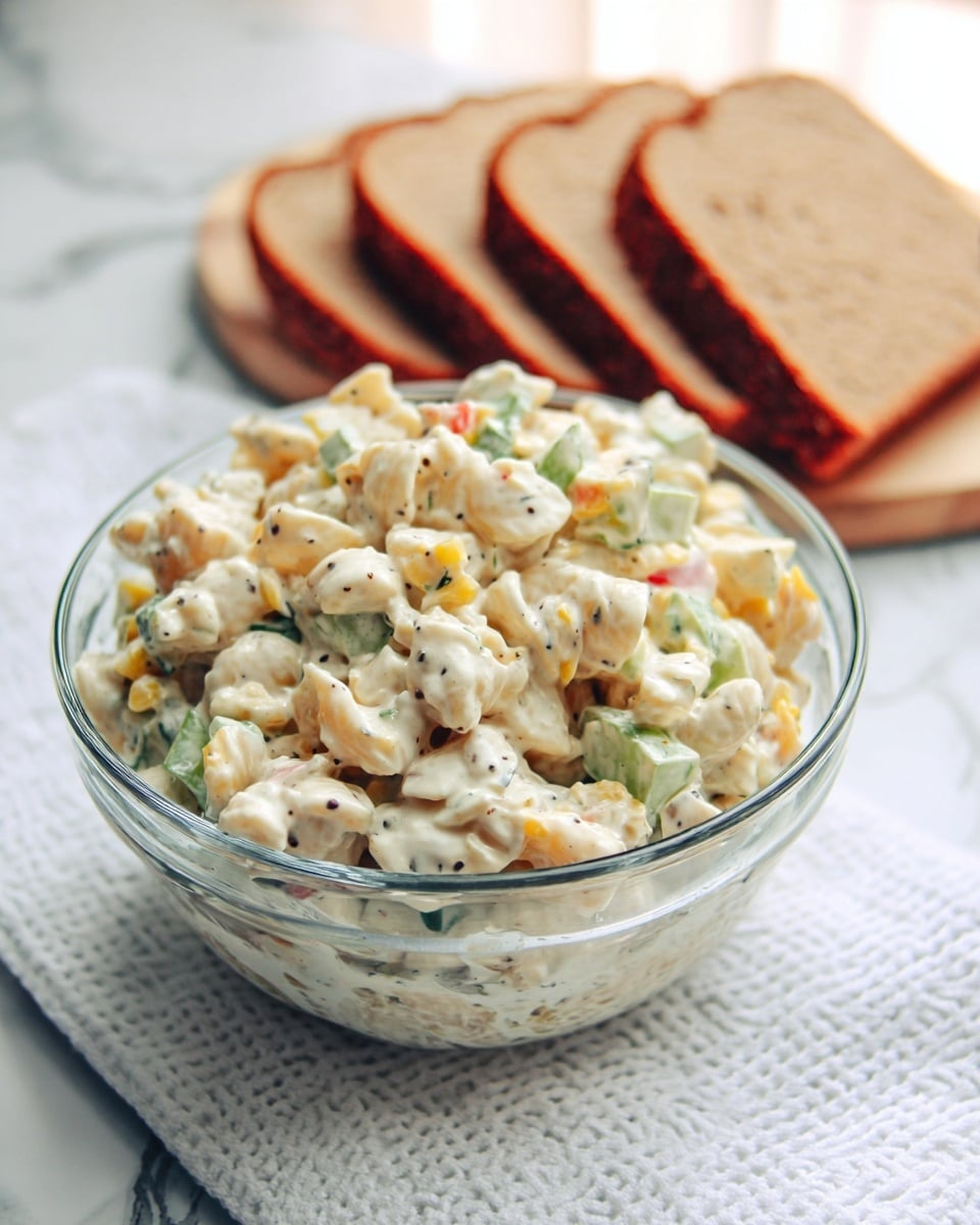 A clear glass bowl filled with a creamy, chunky pasta salad sits on a white marbled surface. The salad has short pasta pieces, small diced vegetables, and a thick white dressing mixed with black pepper specks. Behind the bowl, three slices of brown bread rest on a white textured cloth. The scene is bright with soft natural light coming from the side. photo taken with an iphone --ar 4:5 --v 7