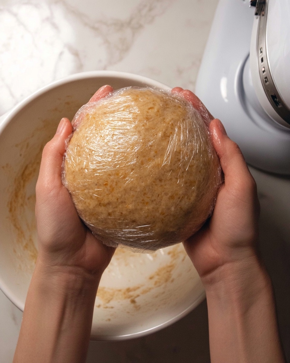 A pair of woman's hands holding a round, flattened ball of dough wrapped tightly in clear plastic wrap, showing a smooth, slightly shiny, light brown surface with small specks inside. Below the hands, there is a white bowl with some dough residue on its inner sides, and on the right side, part of a white kitchen mixer is visible. The background features a white marbled texture. photo taken with an iphone --ar 4:5 --v 7