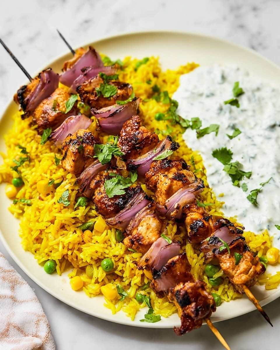 On a white plate on a white marbled table, there is a bright yellow bed of rice mixed with green peas and small bits of corn, creating a textured and colorful layer. On top, there are two grilled skewers placed diagonally, each with pieces of browned and slightly charred chicken and purple-red onion slices. Small green leaves of cilantro are scattered on the chicken and rice for garnish. On one side of the plate, there is a white creamy sauce with green herbs mixed in, adding a smooth texture contrast to the dish. Photo taken with an iphone --ar 4:5 --v 7