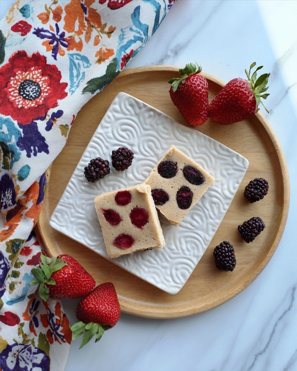 Two square pieces of berry-topped bars sit on a white plate with swirl patterns on the edge. One bar has four red berries embedded on top, while the other has four dark purple berries. The plate is placed on a round, light wood tray. Around the tray, there are three fresh strawberries with green leaves and six loose dark purple berries scattered on the white marbled surface. To the left, a colorful cloth with red, blue, orange, and green floral patterns rests partly folded. The photo taken with an iphone --ar 4:5 --v 7