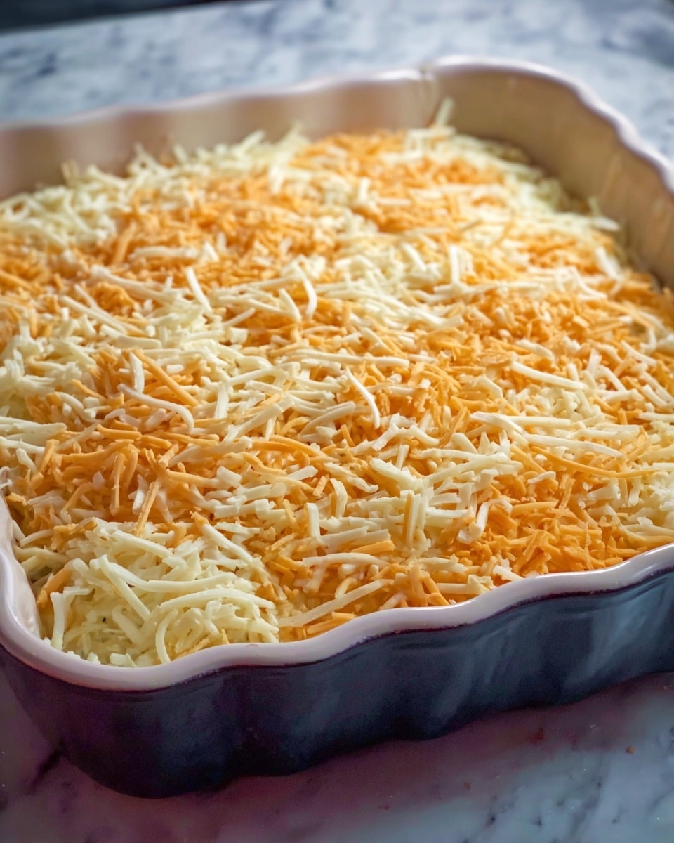 A blue baking dish holds a creamy dish with two layers: the bottom layer is a thick, light brown sauce with a smooth texture, and the top layer is melted cheese in shades of yellow and orange that covers the whole surface. A woman's hand is lifting a scoop from the dish, showing the cheese stretching in long strings from the scoop to the dish. The scene is set on a white marbled surface. Photo taken with an iphone --ar 4:5 --v 7
