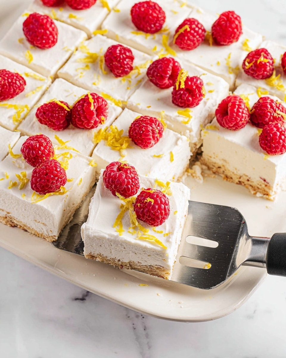 The image shows a white plate with a layered dessert cut into square pieces. It has a light brown base layer that looks soft and crumbly, topped with a thick white creamy layer. Each square piece is decorated with fresh red raspberries on top and small yellow lemon zest scattered across the creamy layer. A metal spatula with a black handle is placed under one piece, lifting it slightly from the plate. The plate is on a white marbled surface. photo taken with an iphone --ar 4:5 --v 7