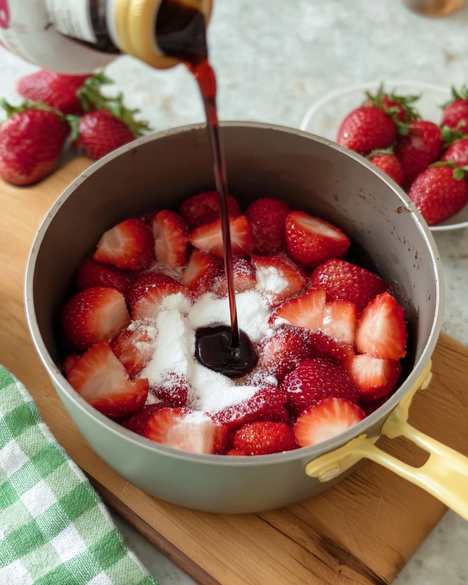 A pot filled with two layers: the bottom layer is fresh red strawberries cut in halves showing their bright interior, and the top layer is white sugar sprinkled over the strawberries. A dark thick syrup is being poured into the center of the pot from a tilted bottle, flowing over the sugar and fruit. The pot has a light metallic gray color with a yellowish handle. In the background, there are whole strawberries on a wooden surface and a green checkered cloth visible to the side. The overall scene rests on a white marbled texture surface. photo taken with an iphone --ar 4:5 --v 7