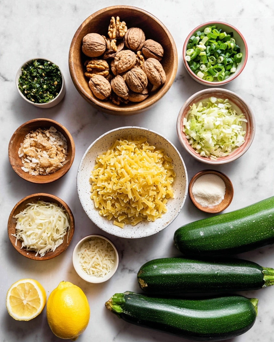 A top-down view shows a neat arrangement of ingredients on a white marbled surface. In the center, a wooden bowl holds light brown walnuts with a rough texture. Below it, a white bowl with a speckled rim is filled with yellow, small pasta pieces. To the left, a white bowl with a reddish rim is filled with chopped green herbs. Around these, there are smaller bowls with various ingredients: finely chopped garlic, a beige powder, shredded pale yellow cabbage, sliced green onions, and white cheese flakes with a rough, crumbly surface. To the right side, two whole zucchinis sit with a smooth dark green skin. In the bottom left corner, a wooden bowl contains a lemon cut into halves showing the bright yellow juicy inside. Photo taken with an iphone --ar 4:5 --v 7