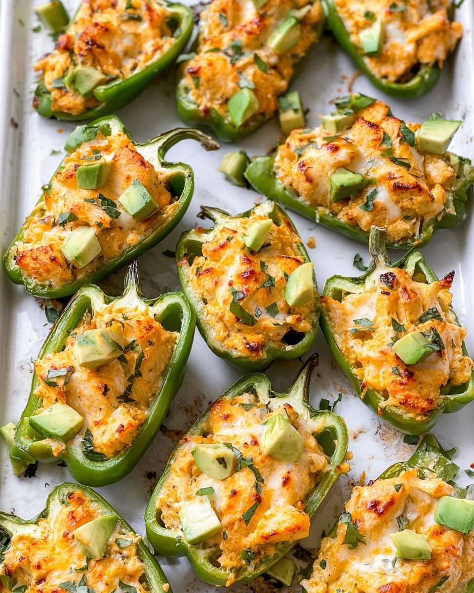 The image shows several green bell pepper halves arranged closely on a white, white marbled textured surface, each filled with a creamy, light orange mixture that looks soft and slightly browned on the top. The filling has small chunks of light yellow and white ingredients, with a few pieces showing grill marks or slight charring for a textured look. Small green cubes, likely pieces of avocado, are scattered on top of each stuffed pepper half. There are also small green herb pieces sprinkled throughout the dish, adding a fresh touch. The overall look is colorful with a mix of green, orange, yellow, and white colors. Photo taken with an iphone --ar 4:5 --v 7