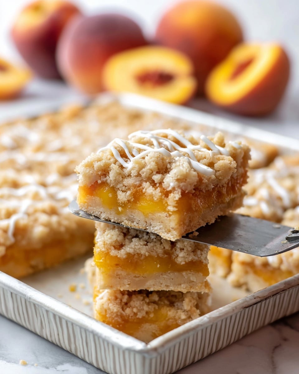 A close-up view of a peach crumb bar held above a tray with a metal spatula, showing three distinct layers: the bottom layer is a light tan soft crust, the middle layer is bright orange peach filling, and the top layer is a crumbly golden brown streusel topping with a light drizzle of white icing. The bar is square-shaped and stacked on another bar in the tray. The tray is ribbed and white, resting on a white marbled surface. In the blurred background, there are whole peaches and peach halves. The scene is bright and natural. photo taken with an iphone --ar 4:5 --v 7