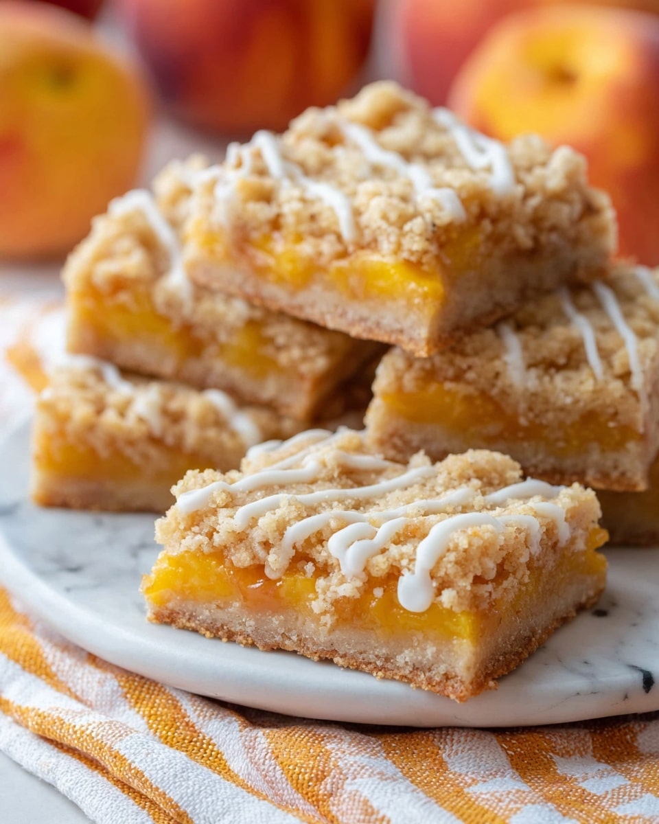 The image shows several square peach crumble bars stacked on a white plate with a white marbled surface underneath. Each bar has three main layers: a light brown crumbly base at the bottom, a bright orange peach filling in the middle, and a textured, golden-brown crumb topping covered with thin white icing drizzles on top. One peach crumble bar is placed in the foreground on a striped white, orange, and yellow cloth, showing the details of the layers clearly. The background has blurred peaches, adding a soft warm tone to the scene. Photo taken with an iphone --ar 4:5 --v 7