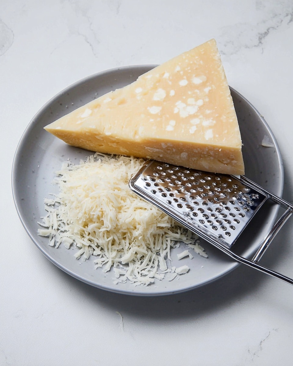 A light gray round plate with a large wedge of hard pale yellow cheese featuring white spots resting on it, next to a heap of finely grated cheese shreds that are soft white in color; a shiny metal grater with a handle is placed diagonally on the plate, partially under the cheese wedge, all set on a smooth white marbled surface photo taken with an iphone --ar 4:5 --v 7