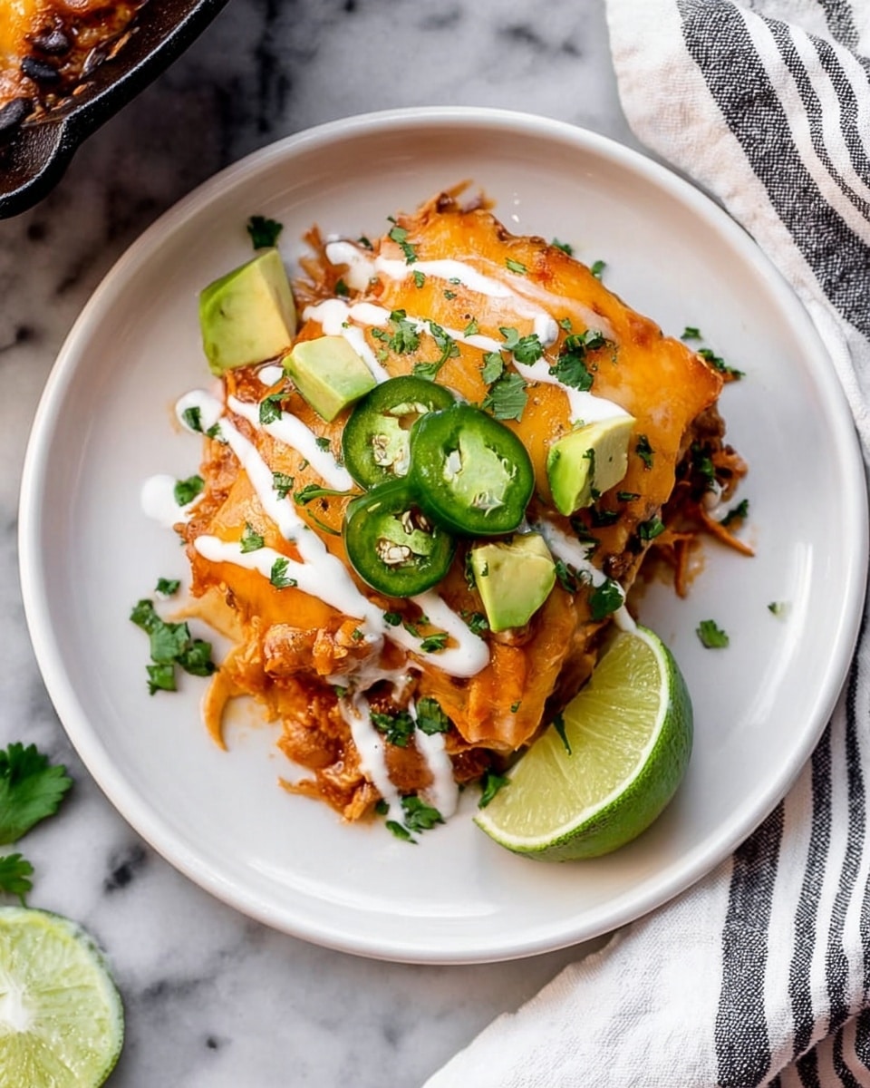 A white plate with a layered dish starting with a base of shredded chicken mixed with beans and sauce, topped with melted orange cheese that covers most of the dish. Drizzled white cream crosses the top, with green slices of jalapeño and chopped fresh cilantro scattered. On two sides of the cheese, there are small chunks of bright green avocado. A lime wedge rests on the right side of the plate. The plate is on a white marbled surface with a striped cloth nearby and part of a black cast iron skillet visible in the top left corner. photo taken with an iphone --ar 4:5 --v 7
