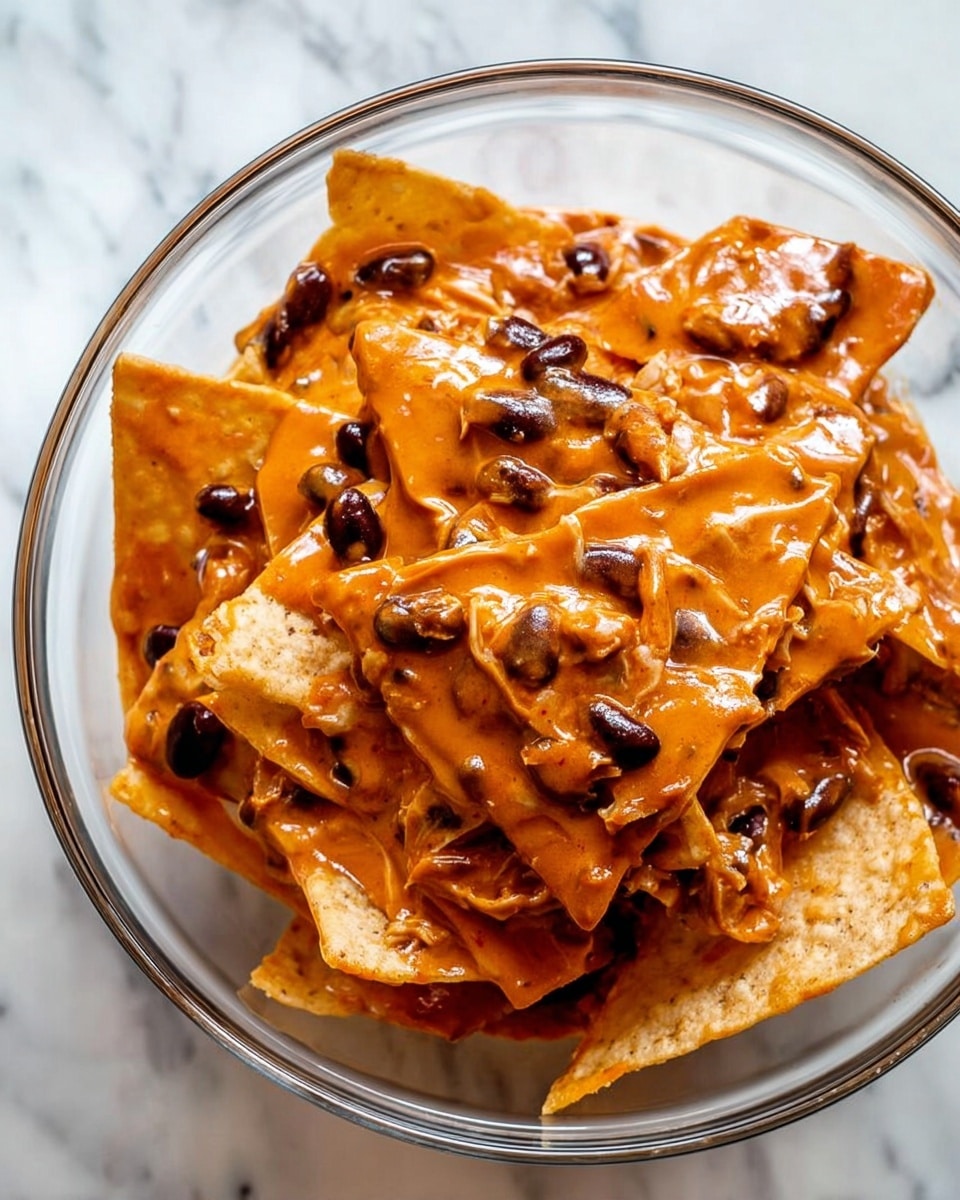 A clear glass bowl filled with several triangular tortilla chips, covered in a creamy, orange sauce mixed with small black beans and shredded pieces of chicken. The tortilla chips are partially soaked in the sauce, showing a soft texture but still retaining their triangle shape. The sauce is thick and glossy, coating the chips and beans evenly. The bowl sits on a white marbled surface. photo taken with an iphone --ar 4:5 --v 7
