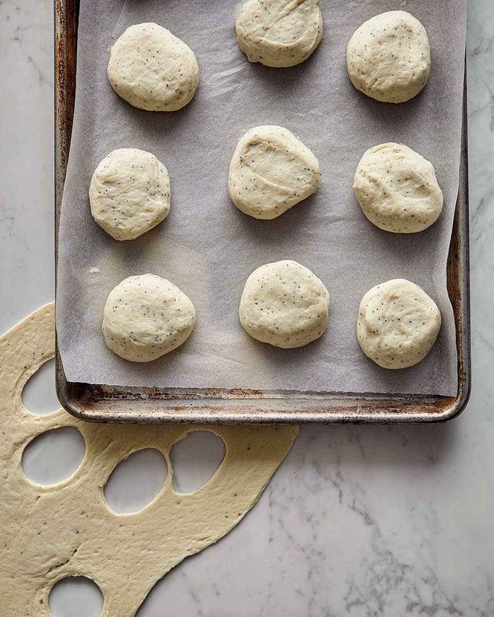 The image shows a baking tray lined with grey parchment paper holding nine small, round, uncooked dough pieces arranged in a grid pattern. The dough pieces are pale with small dark specks, and slightly uneven in shape with a soft, textured surface. Below the tray, on a white marbled surface, there is a stretched dough sheet with several round holes cut out, including one ring-shaped piece still attached to the dough. The baking tray is metallic with a worn, slightly rusty look on the handles. The whole scene has a clean, simple, and natural feel. photo taken with an iphone --ar 4:5 --v 7