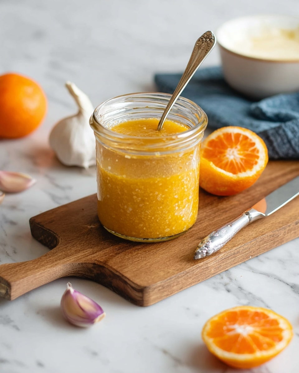 A clear glass jar filled with a thick, yellow-orange sauce with a slightly grainy texture sits on a brown wooden board placed on a white marbled surface. A small silver spoon is placed inside the jar, resting on the edge of its open top. Around the jar, there are two halves of a bright orange tangerine, one in the foreground and one to the right side near a silver knife with a pointed tip. In the background on the white marbled surface, there are three garlic cloves with white papery skin and a single shallot with a light brown outer layer. To the far right, a white bowl with some orange peel and cream inside is partially visible on a folded blue cloth. photo taken with an iphone --ar 4:5 --v 7