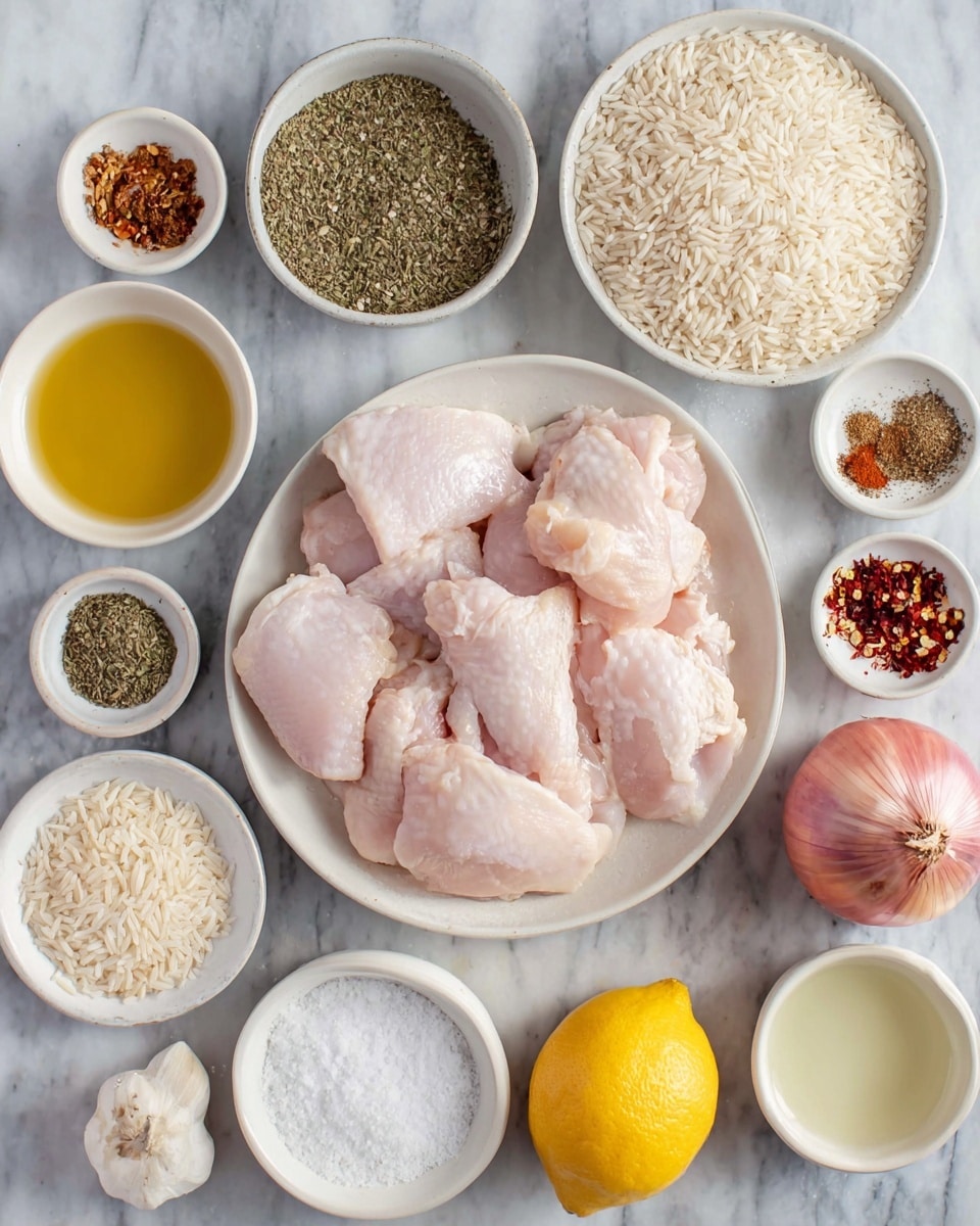 The image shows raw chicken pieces placed in the center on a white plate. Surrounding the plate, there are several small white bowls and dishes holding various ingredients: dried herbs in green and brown shades, coarse black pepper, ground spices in light brown, white granulated salt, finely chopped garlic, and red chili flakes. Fresh ingredients include a whole shallot with a pinkish outer skin, a whole garlic bulb, and a bright yellow lemon. There is also a white bowl filled with uncooked long-grain rice, and another bowl with a white powder, likely flour or cornstarch. Two small bowls hold light yellow liquids, possibly oils or vinegar. All these items are arranged neatly on a white marbled surface. photo taken with an iphone --ar 4:5 --v 7