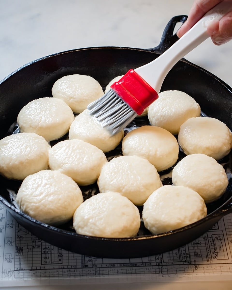 The image shows a close-up of a black cast iron pan filled with twelve round, thick dough pieces, light cream in color with a smooth, shiny surface. A woman's hand is holding a white and red brush, gently spreading a glossy liquid over the dough pieces. The pan rests on a white marbled surface, with part of a measuring chart visible in the background. photo taken with an iphone --ar 4:5 --v 7