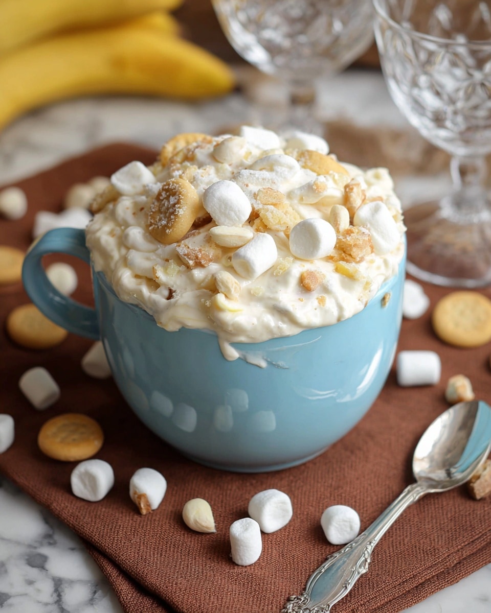 The image shows a large light blue cup filled with a mixed dessert that has three main layers: a creamy white whipped layer, scattered off-white small marshmallows, and light golden round cookie pieces, all mixed together to create a rough, fluffy texture on top. The cup is set on a brown cloth with a white marbled surface underneath, and there are some scattered marshmallows and cookies around it. In the background, two clear glass goblets and two silver spoons are visible, along with a yellow banana. The photo taken with an iphone --ar 4:5 --v 7