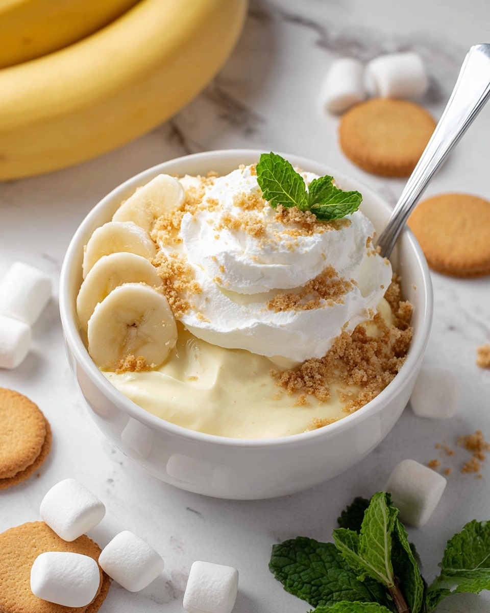 A white bowl filled with creamy banana pudding shows three main layers: smooth pale yellow pudding at the bottom, a crumbled layer of light brown vanilla wafer cookies in the middle, and a thick dollop of fluffy white whipped cream on top sprinkled with fine cookie crumbs. On one side of the pudding, there are three fresh banana slices topped with a small green mint leaf. A silver spoon is placed inside the bowl on the right edge. Surrounding the bowl, there are several mini white marshmallows, round vanilla wafers, a whole banana, and a sprig of mint scattered on a white marbled surface. Photo taken with an iphone --ar 4:5 --v 7