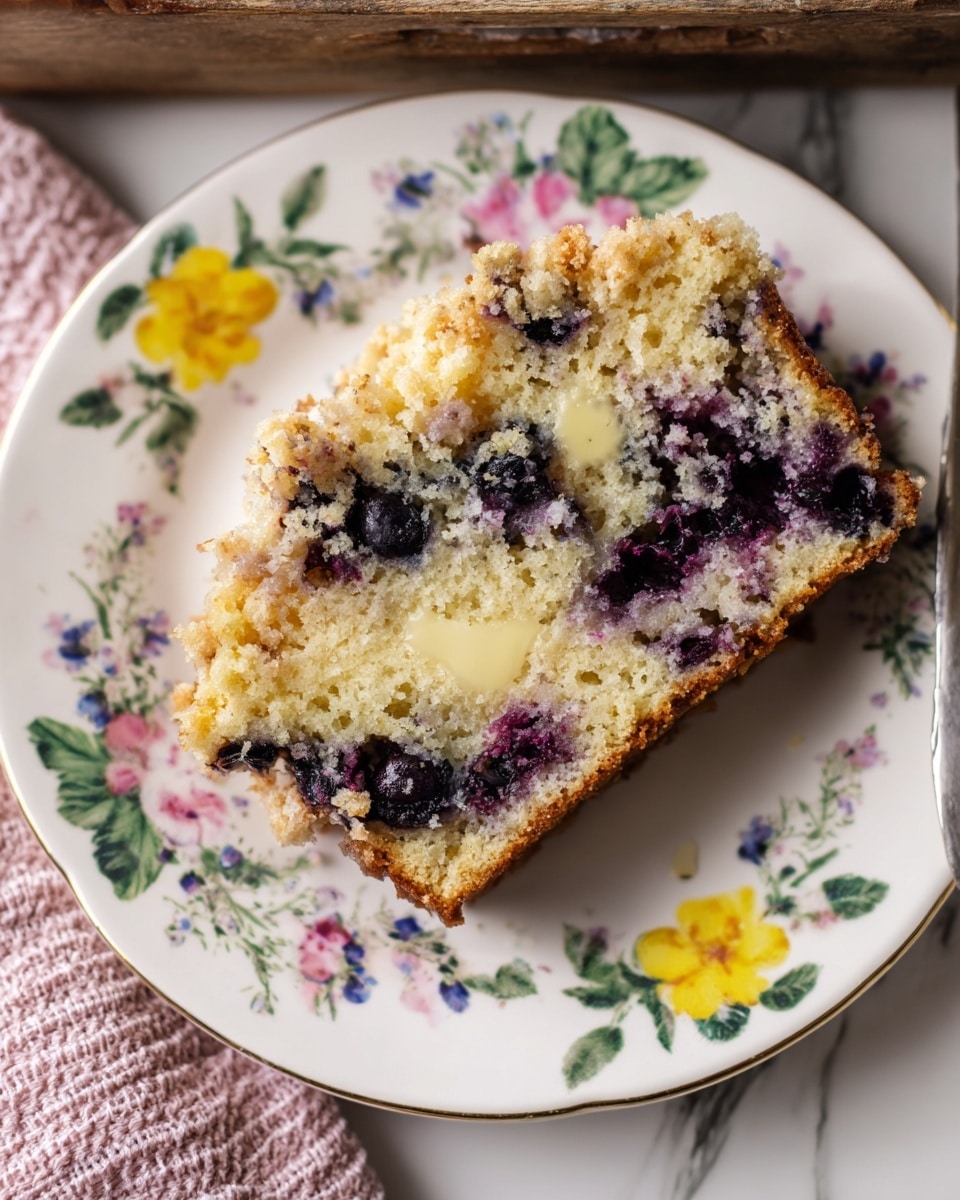 A close-up view of a single thick slice of blueberry cake with a crumbly topping, resting on a white plate with a floral pattern featuring yellow, pink, blue, and green flowers and leaves. The cake slice shows a light golden crumb with scattered dark purple blueberries inside and patches of melted butter on top, creating glossy yellow areas. The plate sits on a white marbled surface, with part of a wooden tray and a pink textured cloth visible nearby. Photo taken with an iphone --ar 4:5 --v 7
