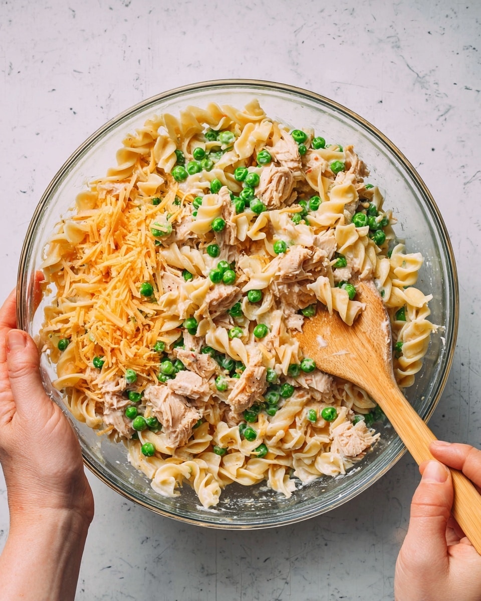 A clear glass bowl filled with a mix of three layers: pale cream twisted pasta, bright green peas scattered evenly through the pasta, and shredded light orange cheese mostly on one side. There are chunks of light beige tuna mixed throughout. One woman's hand holds the bowl steady on the right side, while another woman's hand stirs the mixture with a light wooden spatula from the left. The bowl is placed on a white marbled surface. Photo taken with an iphone --ar 4:5 --v 7
