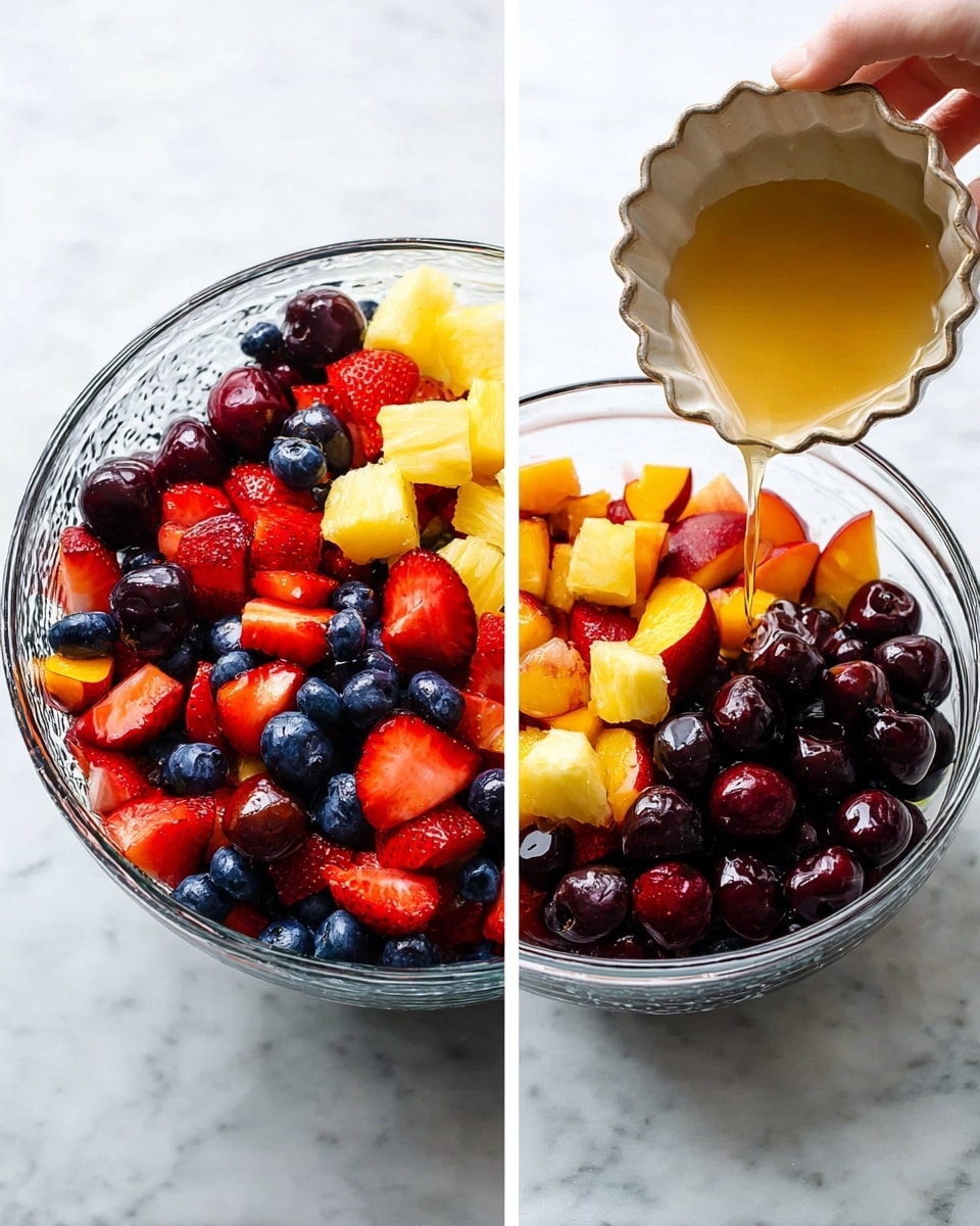 A clear glass bowl sits on a white marbled surface, filled with three layers of fresh fruit: shiny dark cherries in the bottom right, plump blue blueberries in the bottom left, and bright red strawberry pieces on the top right. A woman's hand is pouring a light golden liquid from a small ceramic bowl with a scalloped edge over the fruit. In the next image, the fruit is mixed with added pale yellow pineapple cubes and light orange peach chunks, all evenly spread in the same white background and clear bowl. The mixture shows a colorful but natural blend of reds, yellows, blues, and oranges with juicy textures. photo taken with an iphone --ar 4:5 --v 7