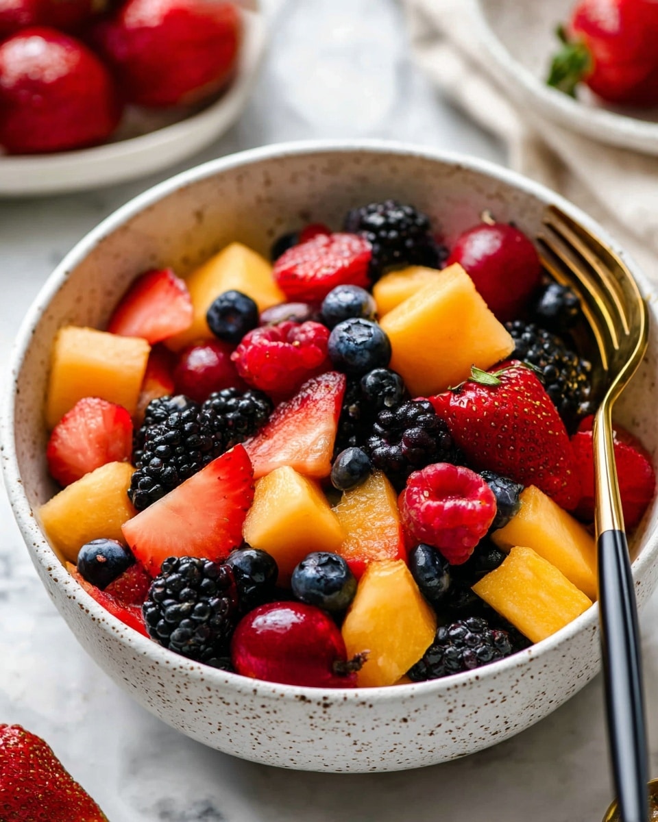A speckled white bowl filled with a colorful mix of fresh fruit layered closely together. The top layer shows red strawberries cut in halves, bright orange cantaloupe cubes, dark blue blueberries, deep red cherries, shiny black blackberries, and red raspberries scattered evenly. A golden fork with a black handle rests inside the bowl on the right side. The bowl is placed on a white marbled surface with blurred fruits visible in the background. Photo taken with an iphone --ar 4:5 --v 7