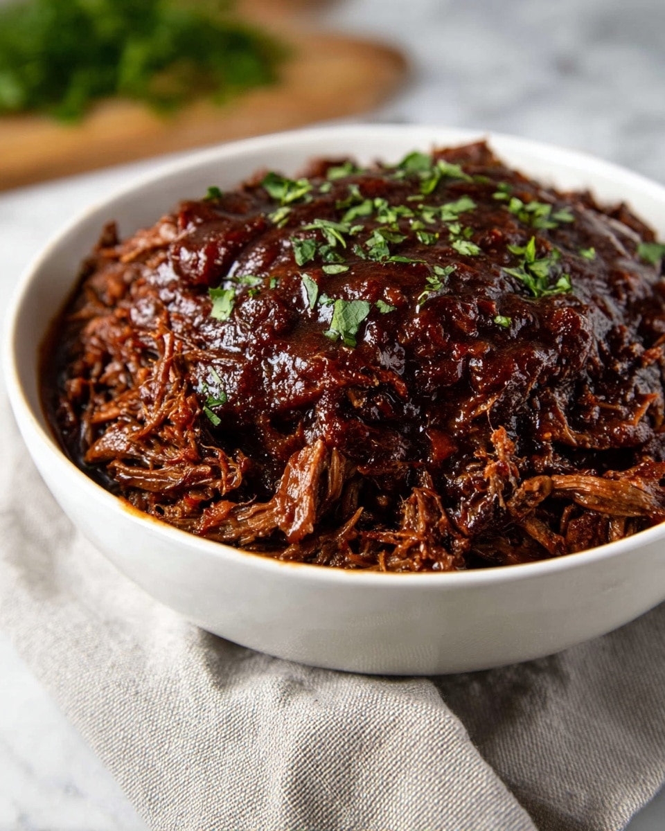 A white bowl filled with a thick layer of dark brown shredded meat, topped with a layer of glossy, dark red sauce that glistens under the light, and garnished with a sprinkle of fresh green chopped herbs on top. The bowl sits on a soft, light gray cloth on a white marbled surface, with a blurred wooden cutting board and faint green herbs in the background. The texture of the meat looks tender and moist, with visible shreds and chunks. photo taken with an iphone --ar 4:5 --v 7