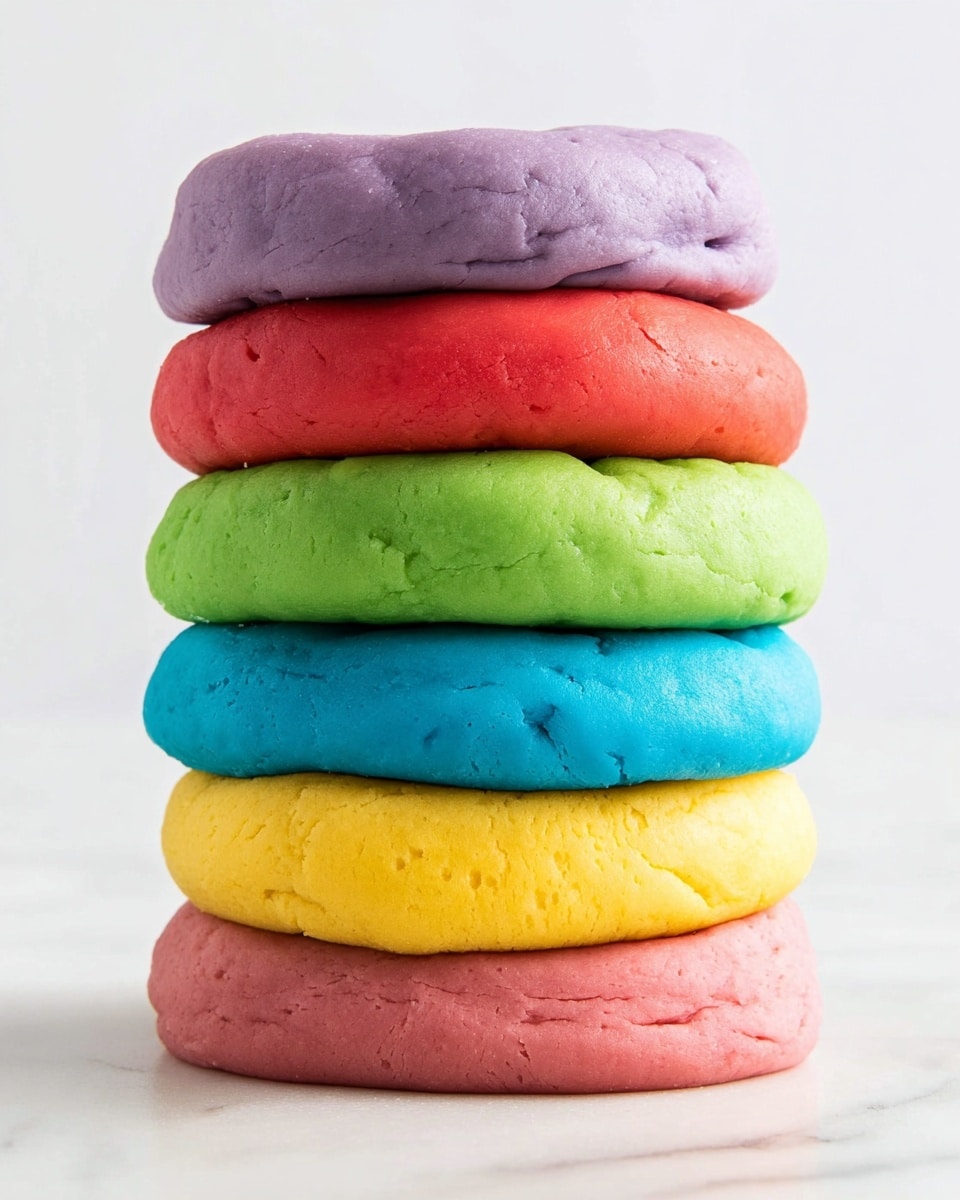 A stack of six soft dough disks is shown on a white marbled surface, each disk smooth and slightly thick with a light texture showing small air pockets. From top to bottom, the colors are soft purple, bright red, vibrant green, bright blue, sunny yellow, and dusty pink. The disks are neatly piled, each one roughly the same size and slightly rounded at the edges, creating a colorful tower. The background is plain white, making the colors stand out clearly. Photo taken with an iphone --ar 4:5 --v 7