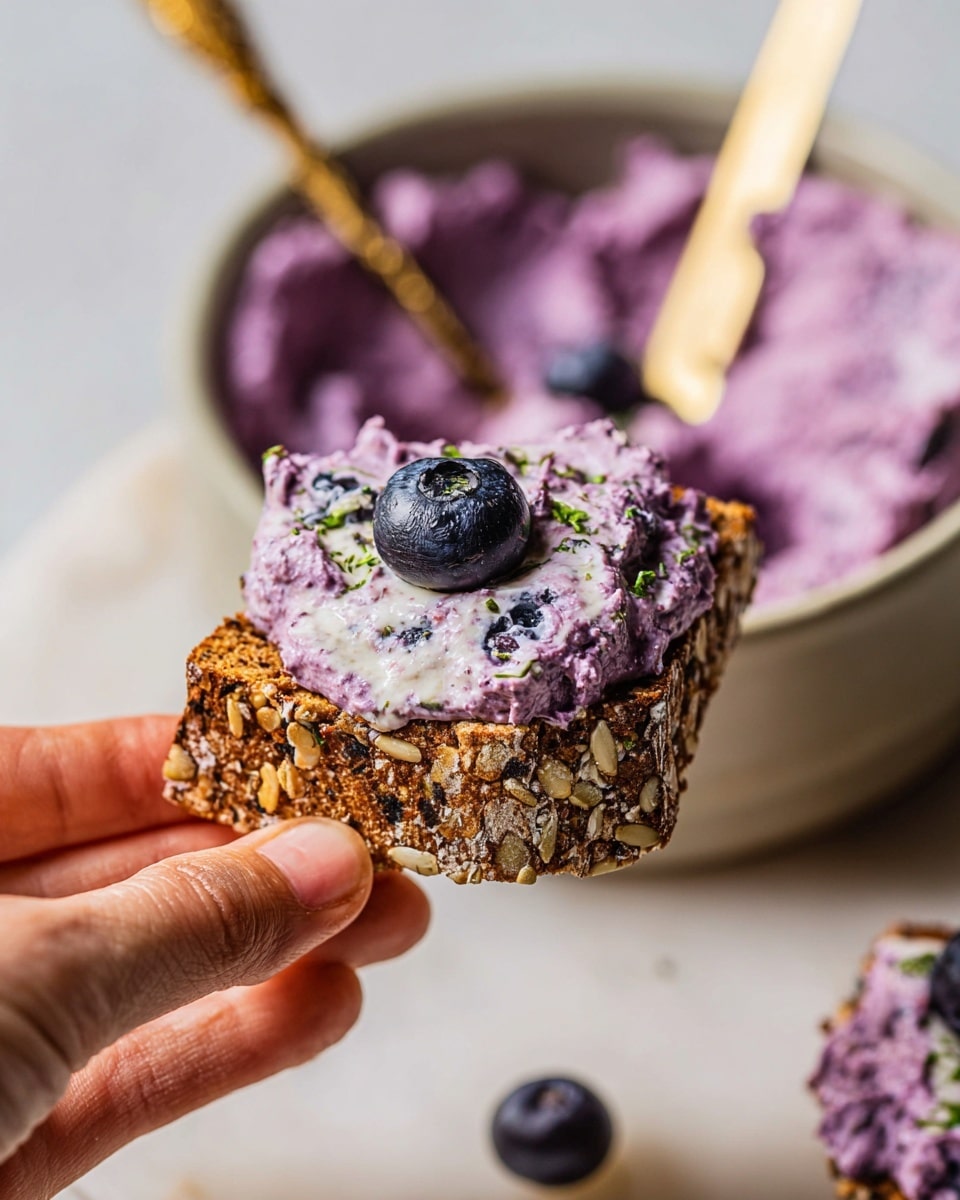 A close-up image shows a woman's hand holding a small slice of multigrain crispy bread filled with visible oats and seeds. On top of the bread is a thick spread of light purple creamy blueberry mixture with small bits of blueberries and green herbs. A golden knife with a smear of the same purple spread rests on the bread, standing out with a fresh whole blueberry near its edge. The background features a large bowl filled with more of the purple blueberry spread placed on a white marbled surface. photo taken with an iphone --ar 4:5 --v 7