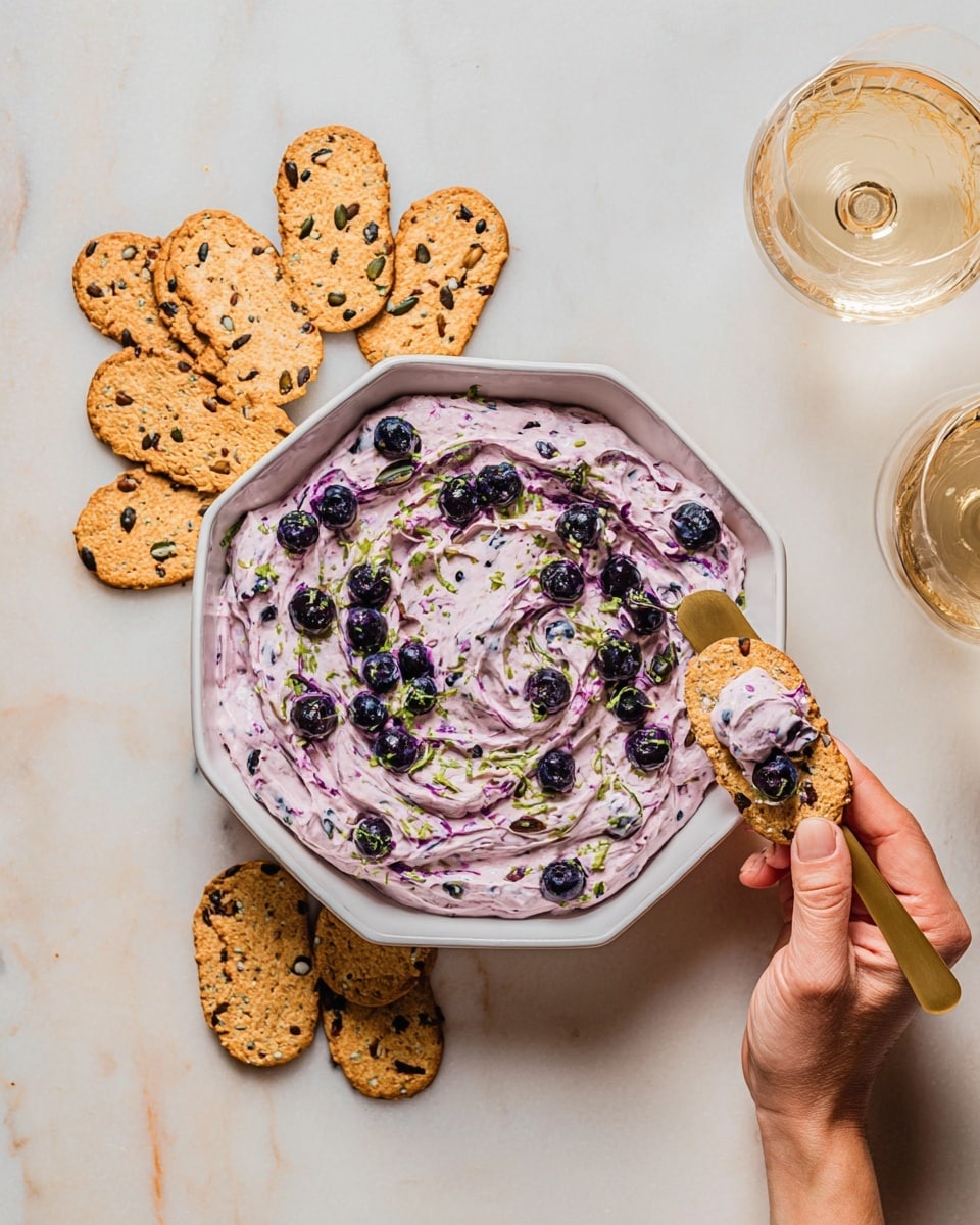The image shows a white, shallow, hexagonal bowl filled with a creamy, light purple spread mixed with whole blueberries and small green herb pieces on top, creating a swirled texture. Around the bowl, there are several oval-shaped, golden-brown crackers with visible nuts and seeds scattered on a white marbled surface. A woman's left hand holds one of these crackers, spreading the purple mixture on it with a gold-colored spreader held by a woman's right hand. Two glasses with a light-colored drink are partially visible on the right side. Photo taken with an iphone --ar 4:5 --v 7