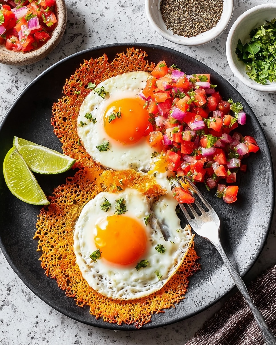 The dish shows two fried eggs with bright orange yolks and white edges resting on a crispy, golden-brown lace-like layer spread unevenly under and around them on a black plate. One egg’s yolk is partially broken with runny yolk oozing out, pierced by a silver fork positioned near the bottom right. Next to the eggs is a colorful pile of salsa made of small diced red tomatoes, purple onions, and green herbs, sitting close to a lime wedge on the plate's left side. The black plate sits on a white marbled texture. Nearby, there are small white bowls with ground pepper and fresh green herbs. photo taken with an iphone --ar 4:5 --v 7