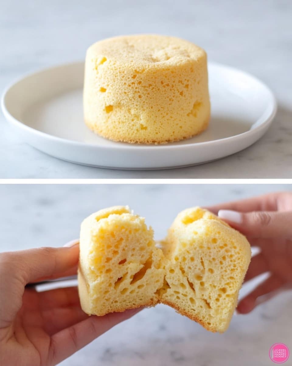 The image shows a small, round, light yellow sponge cake with a porous and soft texture standing alone on a white plate placed on a white marbled surface. Next, a woman's hand holds the same cake as it is sliced in half horizontally with a knife, revealing its airy and spongy inside with many small holes, all shown on the same white plate and white marbled background. photo taken with an iphone --ar 4:5 --v 7