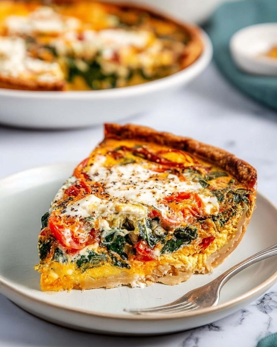A white pie dish filled with a baked vegetable frittata, showing a golden-brown top layer with melted white cheese, scattered green spinach leaves, and small pieces of red tomato. The crust edges are slightly browned and crispy. Around the dish, on a white marbled surface, there is a bowl with mixed green and purple leafy salad, an avocado sliced into fan shapes on a white plate, a small dish with coarse salt, and a couple of empty white plates with silver forks. A textured orange cloth is partly visible on the right side. photo taken with an iphone --ar 4:5 --v 7