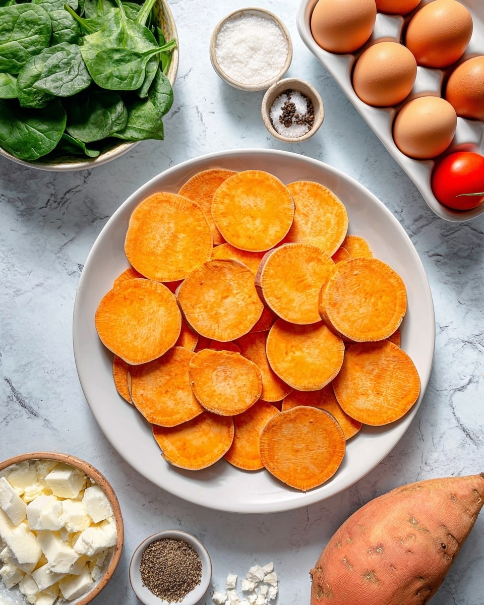 A white plate filled with one layer of large orange sweet potato slices neatly arranged side by side, showing smooth and slightly rough skin edges. The plate is on a white marbled surface surrounded by ingredients including a carton of brown eggs, bright green spinach leaves, a pile of crumbled white cheese in a small bowl, a tomato, and small containers of coarse black pepper and salt. A large whole sweet potato is also visible on the side. The scene is bright and clean, highlighting the fresh ingredients. photo taken with an iphone --ar 4:5 --v 7