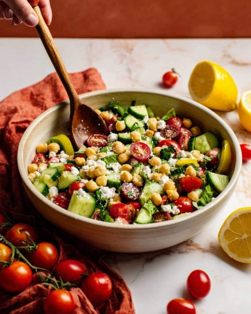 Easy Greek Cucumber Tomato and Feta Salad with Chickpeas Recipe