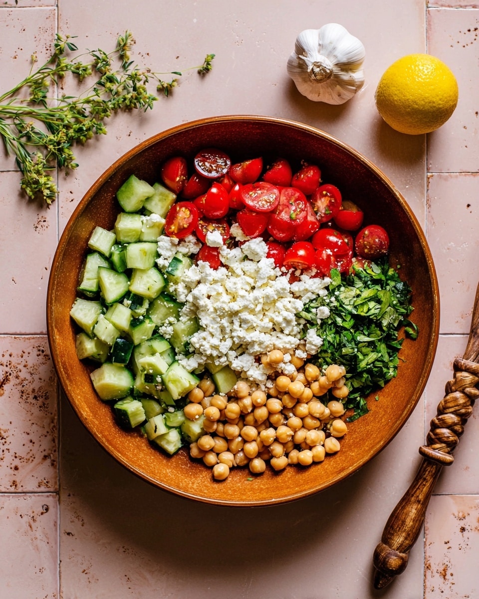 A large brown bowl filled with five main layers arranged in separate sections: diced green cucumbers on the left, topped with a pile of white crumbled cheese in the center, bright red halved cherry tomatoes above the cheese, beige chickpeas to the right of the cheese, and green chopped fresh herbs next to the chickpeas. The bowl is set on a light pink tiled surface with a bulb of garlic and green herb sprigs on the top left, half a lemon on the top right, and a wooden twisted spoon handle visible at the bottom right. Photo taken with an iphone --ar 4:5 --v 7
